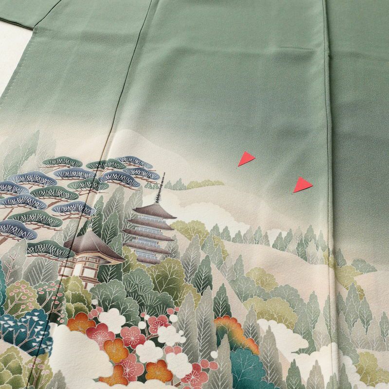 色留袖 縮緬 一つ紋付き 正絹 風景柄 袷仕立て 身丈160cm 裄丈67cm 共八掛 フォーマル 着物 緑・うぐいす色_画像5