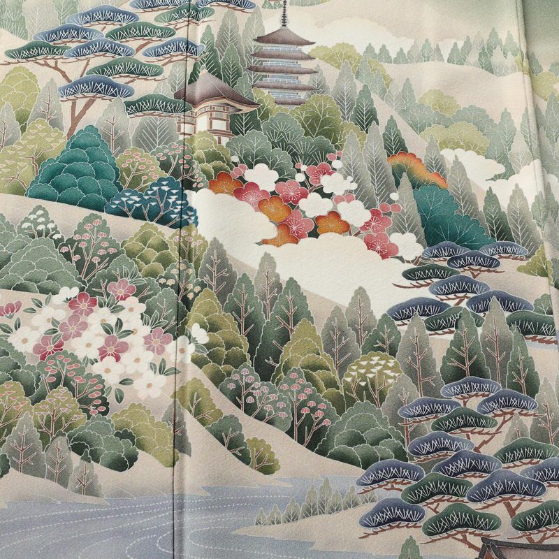 色留袖 縮緬 一つ紋付き 正絹 風景柄 袷仕立て 身丈160cm 裄丈67cm 共八掛 フォーマル 着物 緑・うぐいす色_画像6