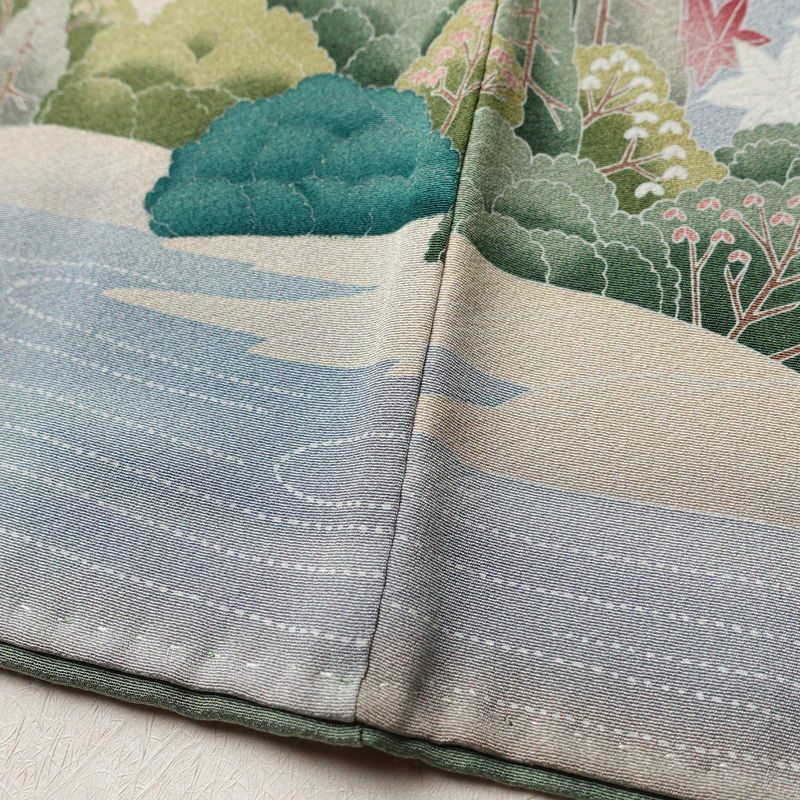 色留袖 縮緬 一つ紋付き 正絹 風景柄 袷仕立て 身丈160cm 裄丈67cm 共八掛 フォーマル 着物 緑・うぐいす色_画像12