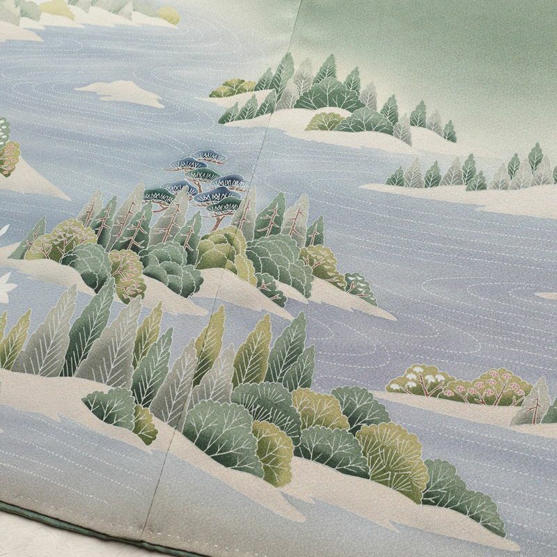 色留袖 縮緬 一つ紋付き 正絹 風景柄 袷仕立て 身丈160cm 裄丈67cm 共八掛 フォーマル 着物 緑・うぐいす色_画像14