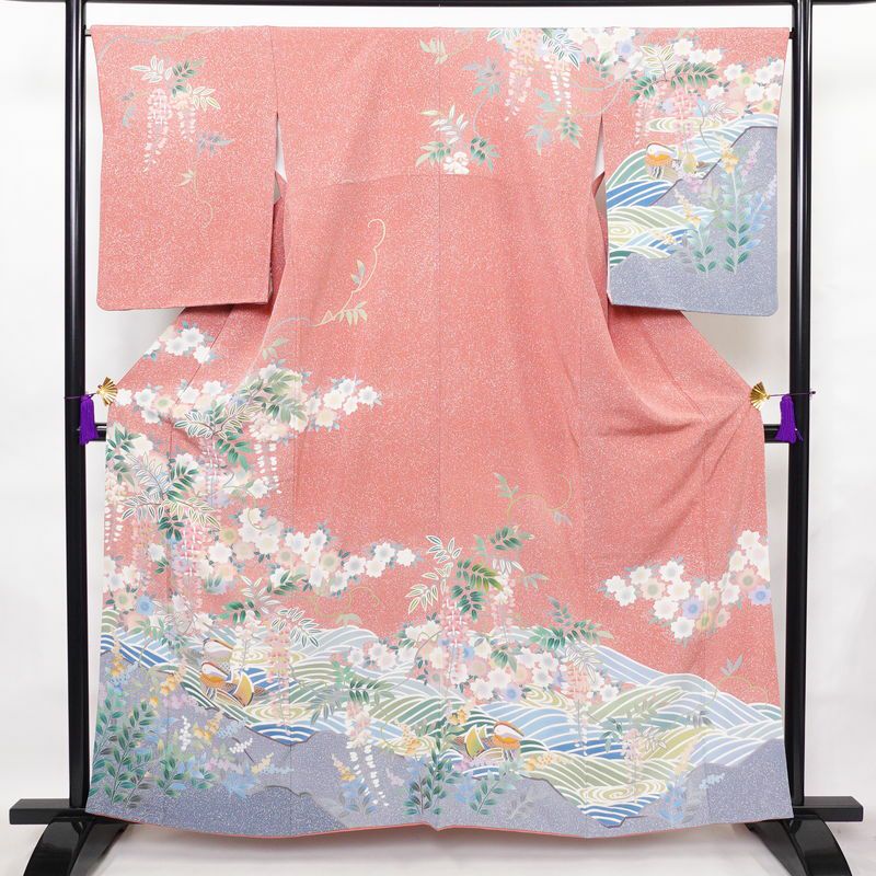 訪問着 良品 落款入り 縮緬 正絹 人物・動物柄 袷仕立て 身丈160cm 裄丈67cm フォーマル 着物 ピンク_画像1