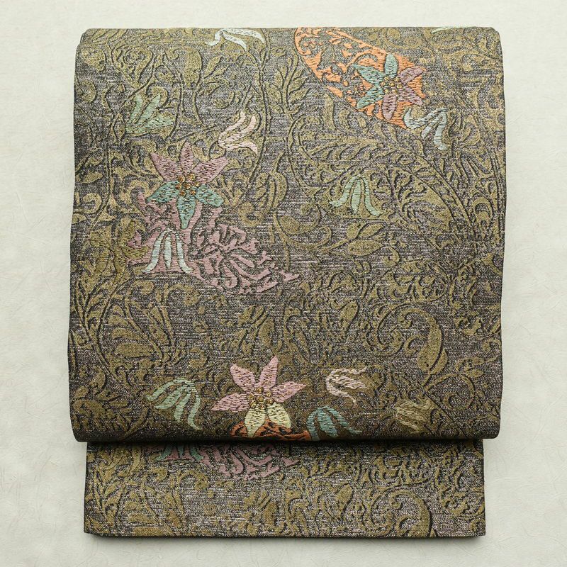 袋帯 全通柄 良品 フォーマル用 正絹 木の葉・植物柄 金糸 帯 茶_画像1