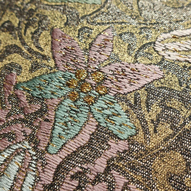 袋帯 全通柄 良品 フォーマル用 正絹 木の葉・植物柄 金糸 帯 茶_画像3