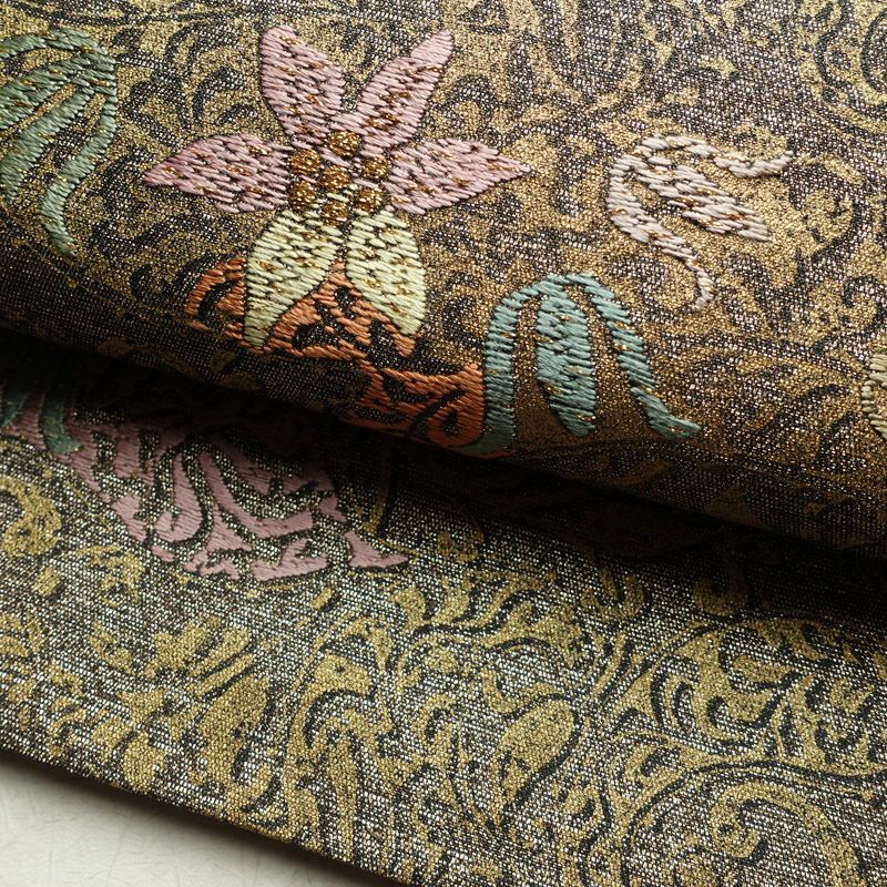 袋帯 全通柄 良品 フォーマル用 正絹 木の葉・植物柄 金糸 帯 茶_画像7