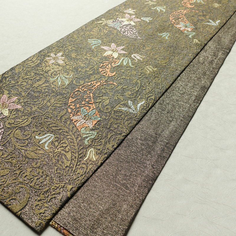 袋帯 全通柄 良品 フォーマル用 正絹 木の葉・植物柄 金糸 帯 茶_画像8