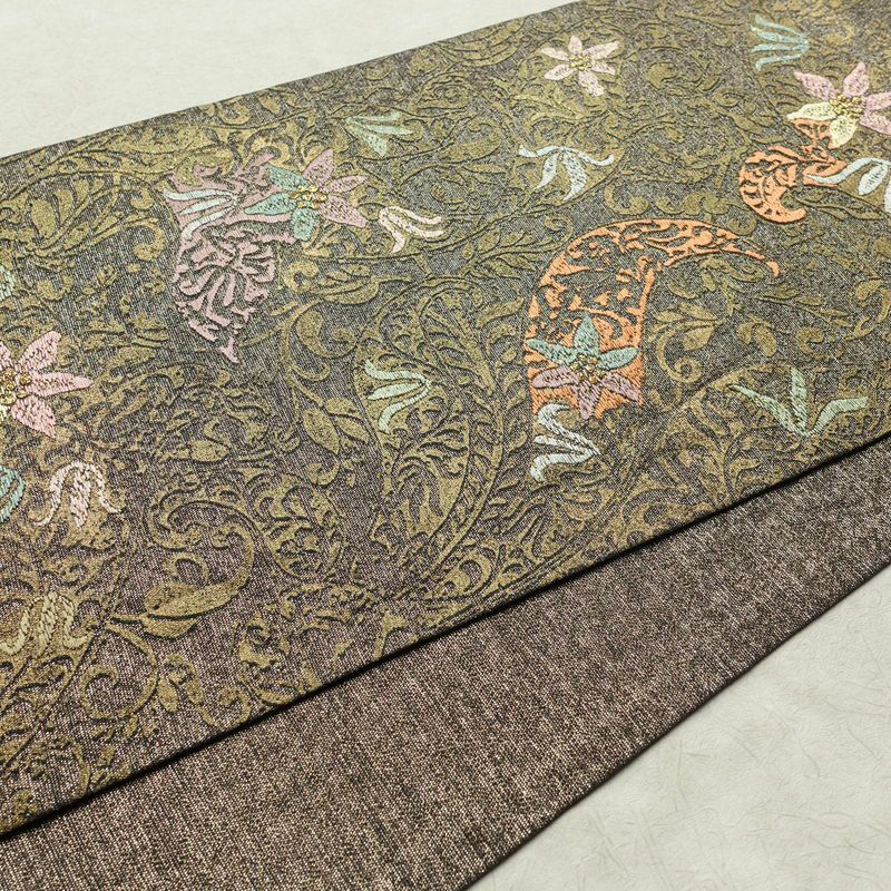 袋帯 全通柄 良品 フォーマル用 正絹 木の葉・植物柄 金糸 帯 茶_画像11