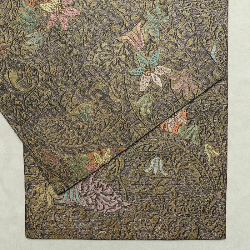 袋帯 全通柄 良品 フォーマル用 正絹 木の葉・植物柄 金糸 帯 茶_画像13