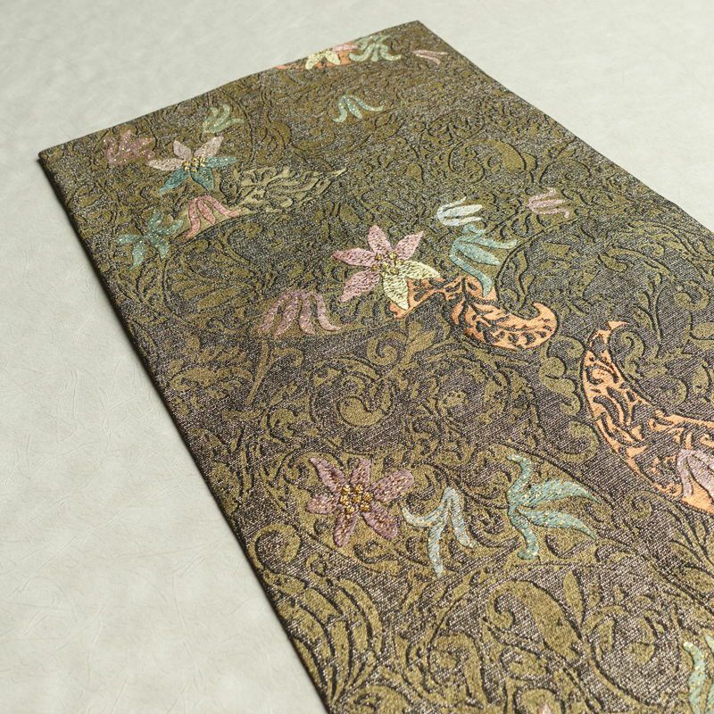 袋帯 全通柄 良品 フォーマル用 正絹 木の葉・植物柄 金糸 帯 茶_画像16