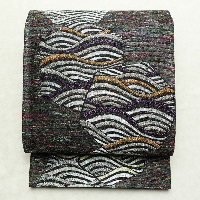 袋帯 天目織 六通柄 フォーマル用 正絹 流水・波柄 箔 金糸 銀糸 帯 多色使い_画像1