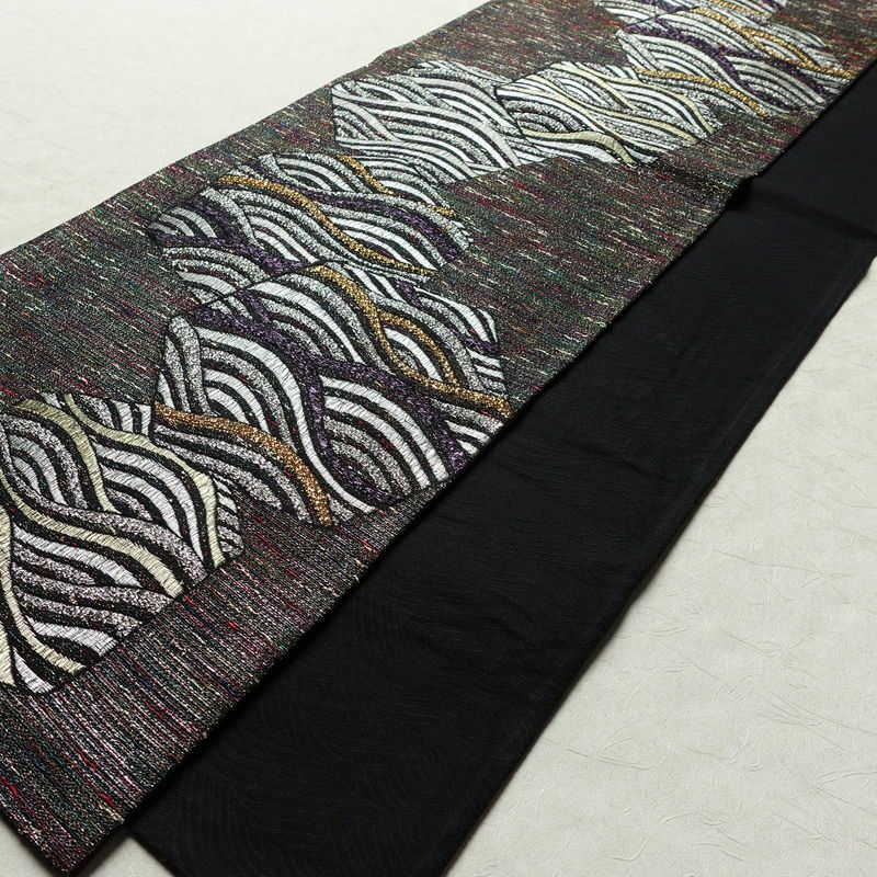袋帯 天目織 六通柄 フォーマル用 正絹 流水・波柄 箔 金糸 銀糸 帯 多色使い_画像7