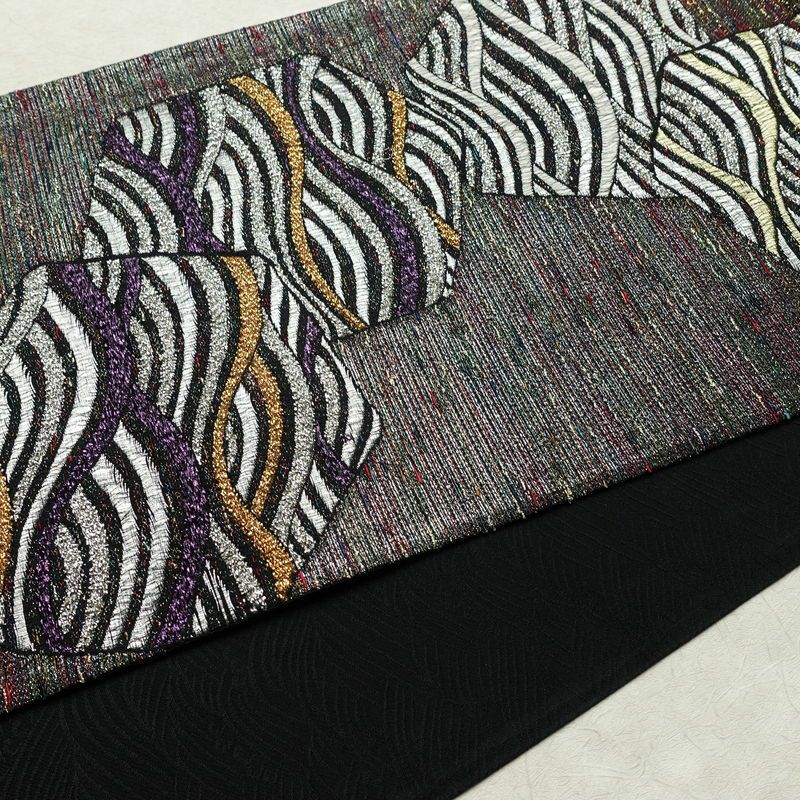 袋帯 天目織 六通柄 フォーマル用 正絹 流水・波柄 箔 金糸 銀糸 帯 多色使い_画像9