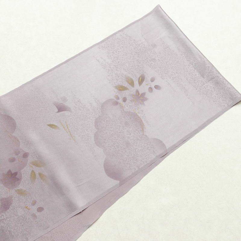 帯揚げ 綸子 正絹 木の葉・植物柄 箔 和装小物 紫・藤色_画像2