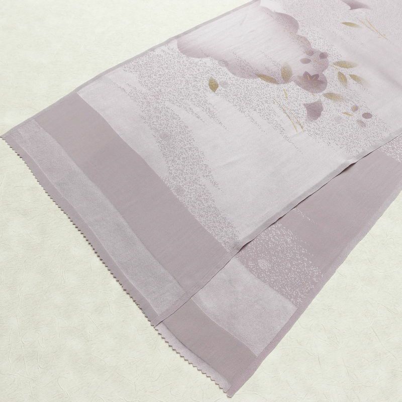 帯揚げ 綸子 正絹 木の葉・植物柄 箔 和装小物 紫・藤色_画像3