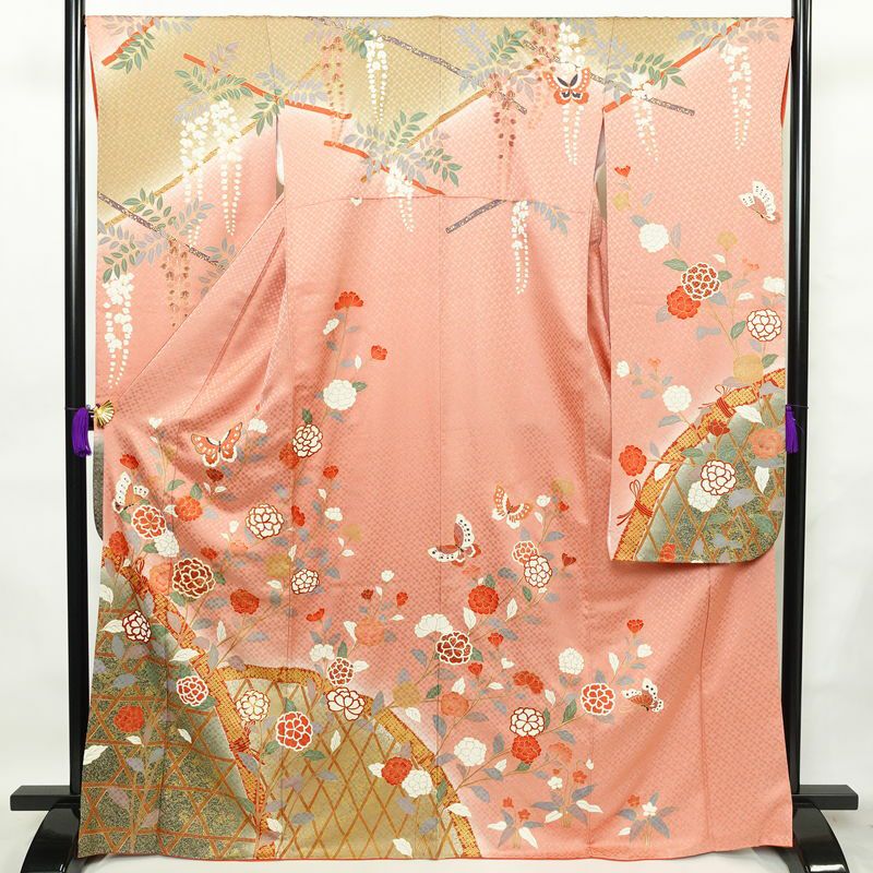 振袖 金駒刺繍 正絹 花柄 袷仕立て 身丈168cm 裄丈67.5cm 箔 金彩 蝶 フォーマル 着物 ピンク_画像1
