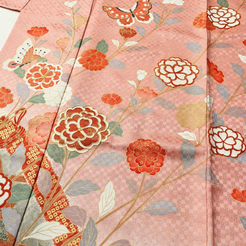 振袖 金駒刺繍 正絹 花柄 袷仕立て 身丈168cm 裄丈67.5cm 箔 金彩 蝶 フォーマル 着物 ピンク_画像5