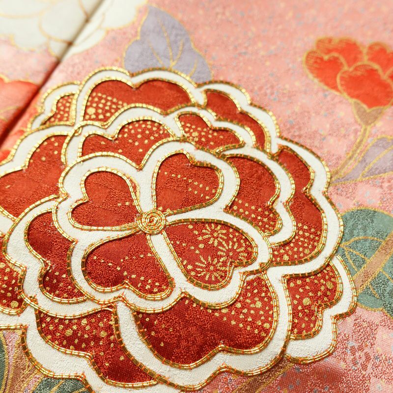 振袖 金駒刺繍 正絹 花柄 袷仕立て 身丈168cm 裄丈67.5cm 箔 金彩 蝶 フォーマル 着物 ピンク_画像7