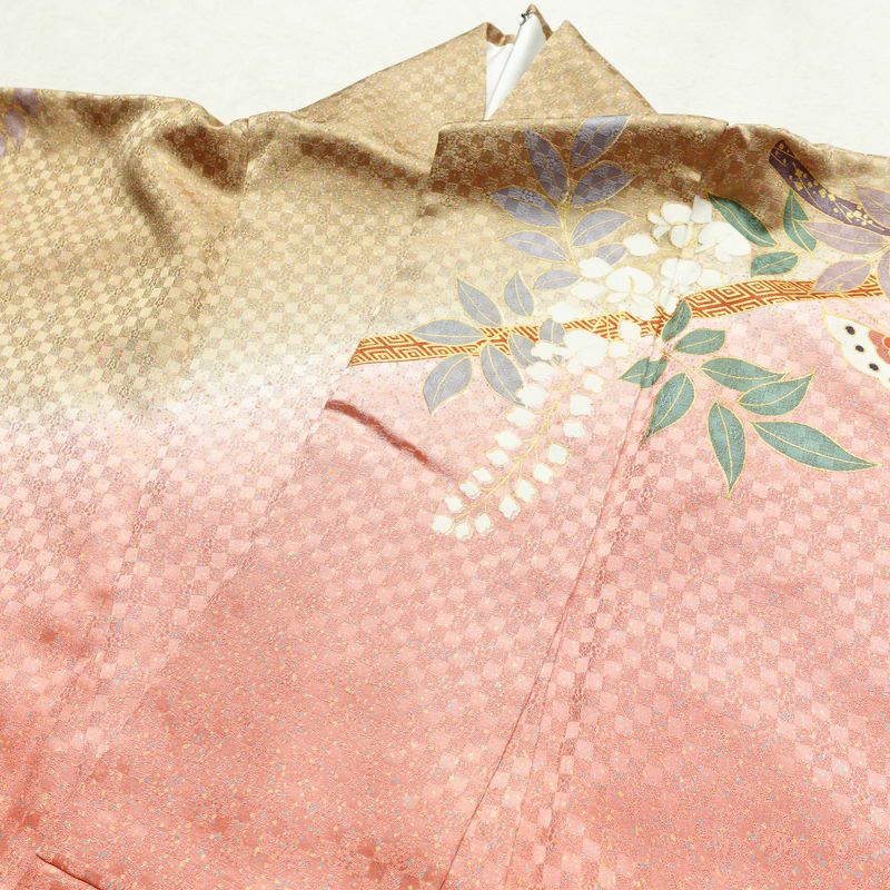 振袖 金駒刺繍 正絹 花柄 袷仕立て 身丈168cm 裄丈67.5cm 箔 金彩 蝶 フォーマル 着物 ピンク_画像17