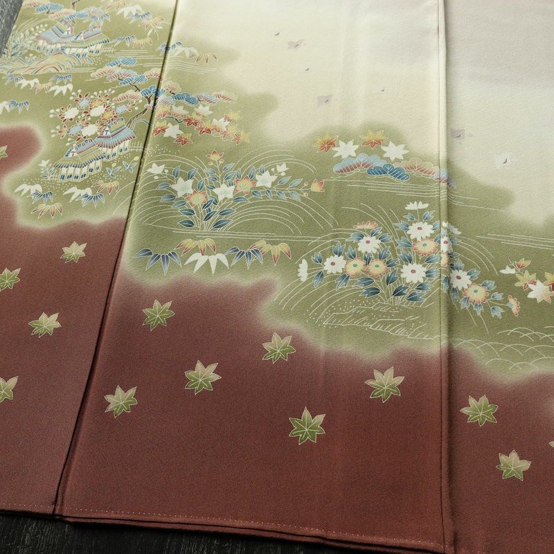 色留袖 三つ紋付き 落款入り 縮緬 正絹 風景柄 袷仕立て 身丈153.5cm 裄丈63cm 共八掛 フォーマル 着物 小豆・エンジ_画像4