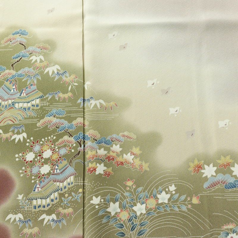 色留袖 三つ紋付き 落款入り 縮緬 正絹 風景柄 袷仕立て 身丈153.5cm 裄丈63cm 共八掛 フォーマル 着物 小豆・エンジ_画像6