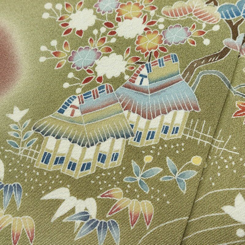 色留袖 三つ紋付き 落款入り 縮緬 正絹 風景柄 袷仕立て 身丈153.5cm 裄丈63cm 共八掛 フォーマル 着物 小豆・エンジ_画像7