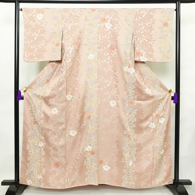 小紋 美品 柄生かし染 しつけ糸付き 一つ紋付き 正絹 花柄 袷仕立て 身丈160cm 裄丈66cm 金彩 着物 ピンク_画像1