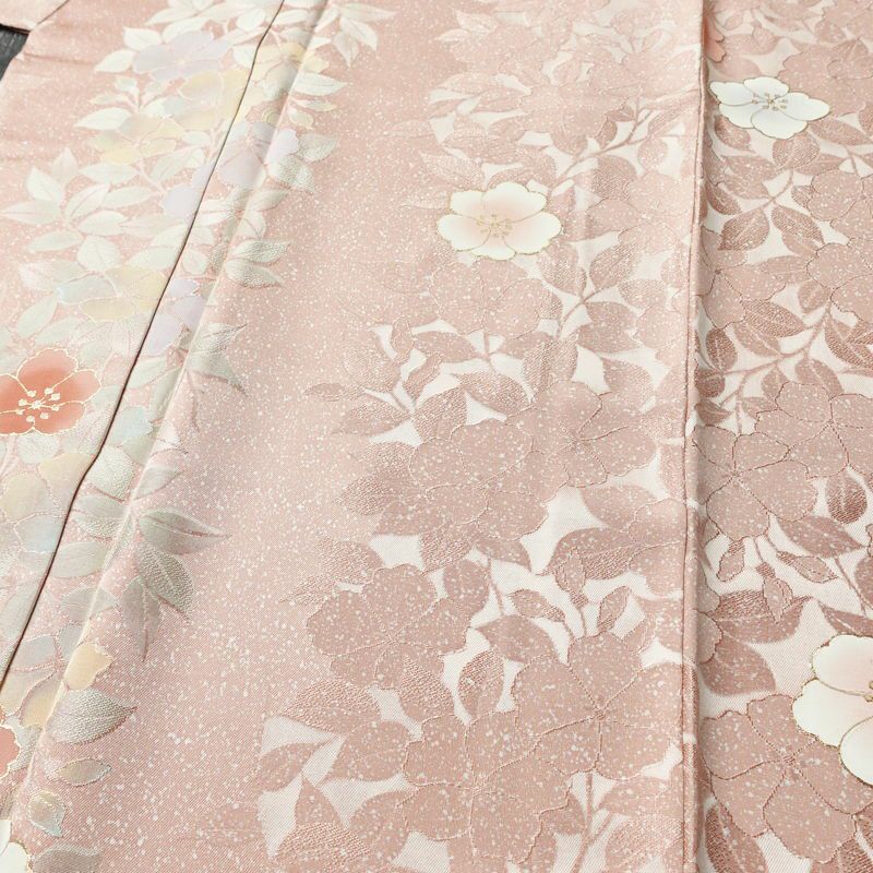 小紋 美品 柄生かし染 しつけ糸付き 一つ紋付き 正絹 花柄 袷仕立て 身丈160cm 裄丈66cm 金彩 着物 ピンク_画像5