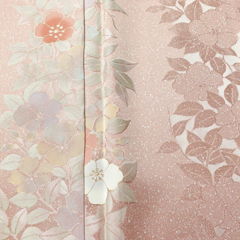 小紋 美品 柄生かし染 しつけ糸付き 一つ紋付き 正絹 花柄 袷仕立て 身丈160cm 裄丈66cm 金彩 着物 ピンク_画像6