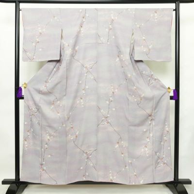 小紋 良品 しつけ糸付き 正絹 花柄 袷仕立て 身丈157.5cm 裄丈66.5cm 箔 着物 紫・藤色