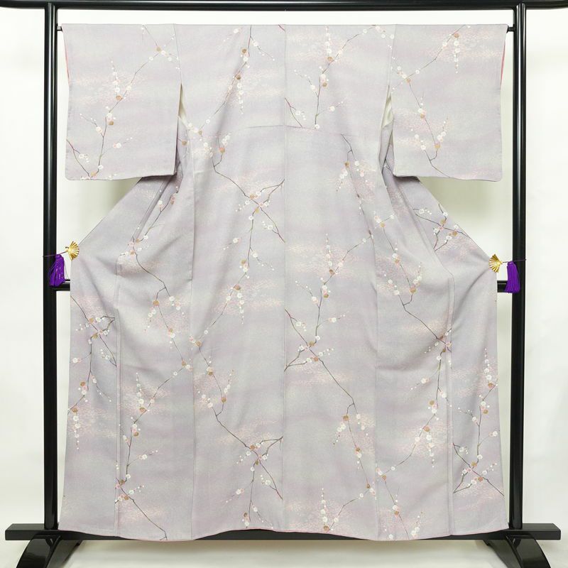 小紋 良品 しつけ糸付き 正絹 花柄 袷仕立て 身丈157.5cm 裄丈66.5cm 箔 着物 紫・藤色_画像1