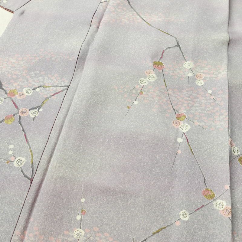 小紋 良品 しつけ糸付き 正絹 花柄 袷仕立て 身丈157.5cm 裄丈66.5cm 箔 着物 紫・藤色_画像5