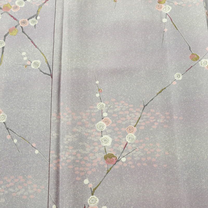 小紋 良品 しつけ糸付き 正絹 花柄 袷仕立て 身丈157.5cm 裄丈66.5cm 箔 着物 紫・藤色_画像6