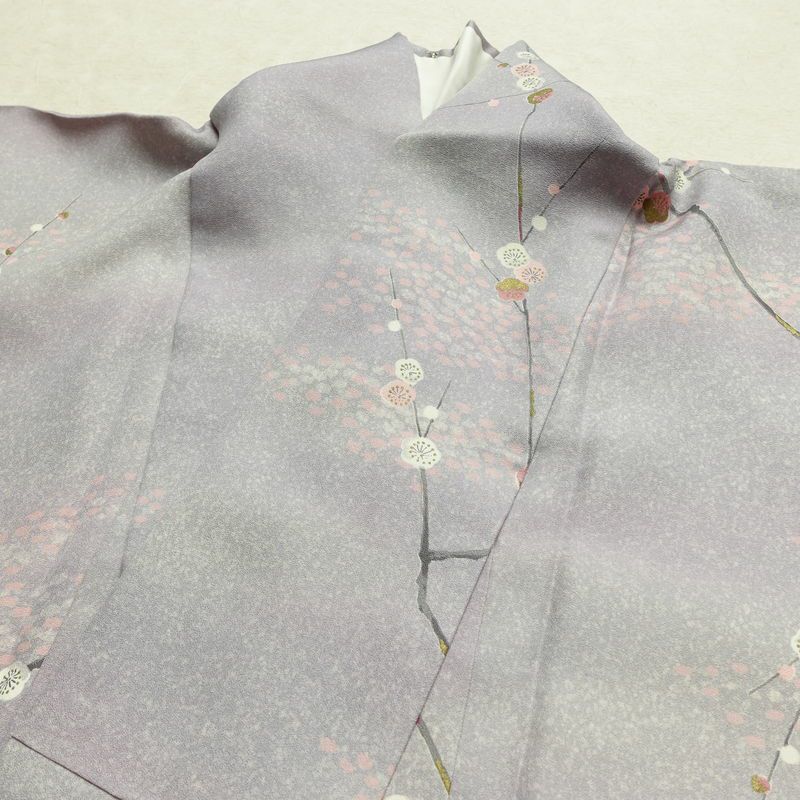 小紋 良品 しつけ糸付き 正絹 花柄 袷仕立て 身丈157.5cm 裄丈66.5cm 箔 着物 紫・藤色_画像15