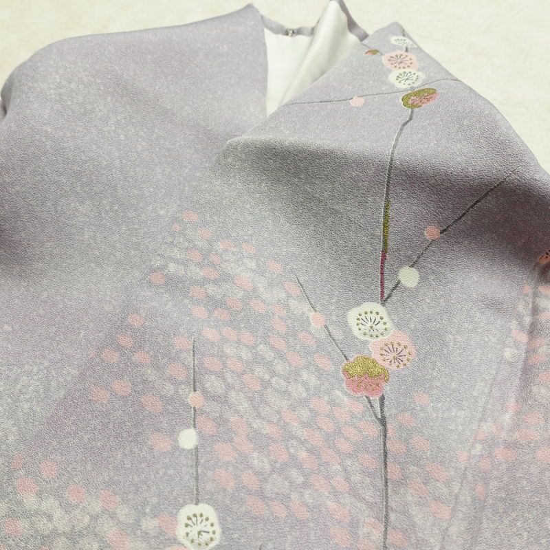 小紋 良品 しつけ糸付き 正絹 花柄 袷仕立て 身丈157.5cm 裄丈66.5cm 箔 着物 紫・藤色_画像16
