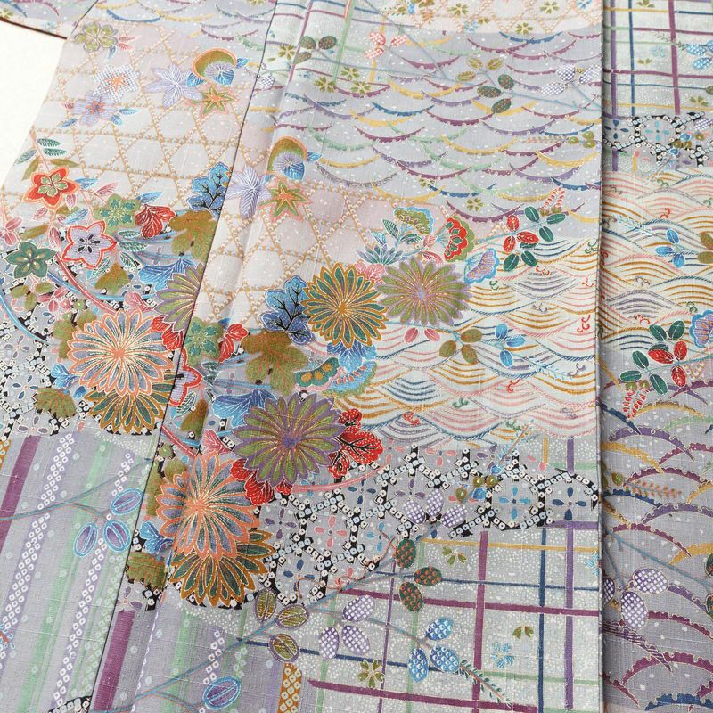 小紋 良品 紬地 しつけ糸付き 正絹 古典柄 袷仕立て 身丈164cm 裄丈66cm 金彩 着物 青・紺_画像5