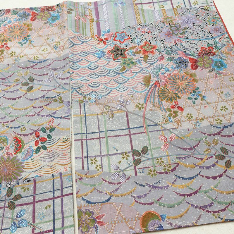 小紋 良品 紬地 しつけ糸付き 正絹 古典柄 袷仕立て 身丈164cm 裄丈66cm 金彩 着物 青・紺_画像13