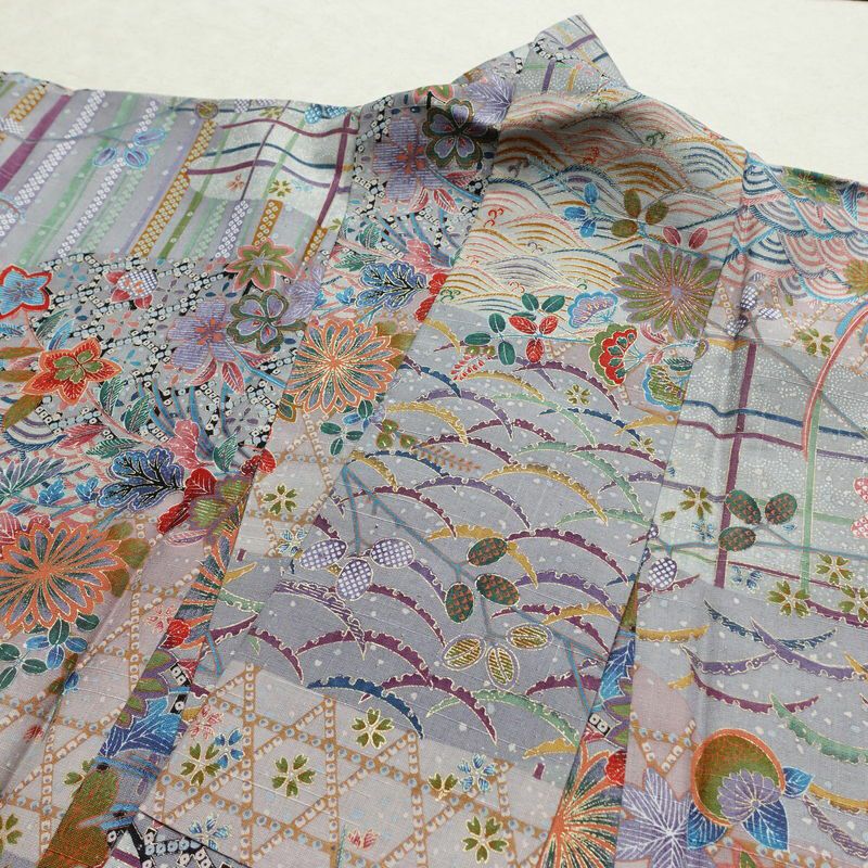 小紋 良品 紬地 しつけ糸付き 正絹 古典柄 袷仕立て 身丈164cm 裄丈66cm 金彩 着物 青・紺_画像16