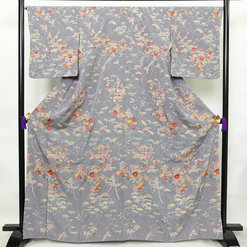 訪問着 良品 しつけ糸付き 正絹 木の葉・植物柄 袷仕立て 身丈165.5cm 裄丈66.5cm 共八掛 金彩 フォーマル 着物 紫・藤色_画像1