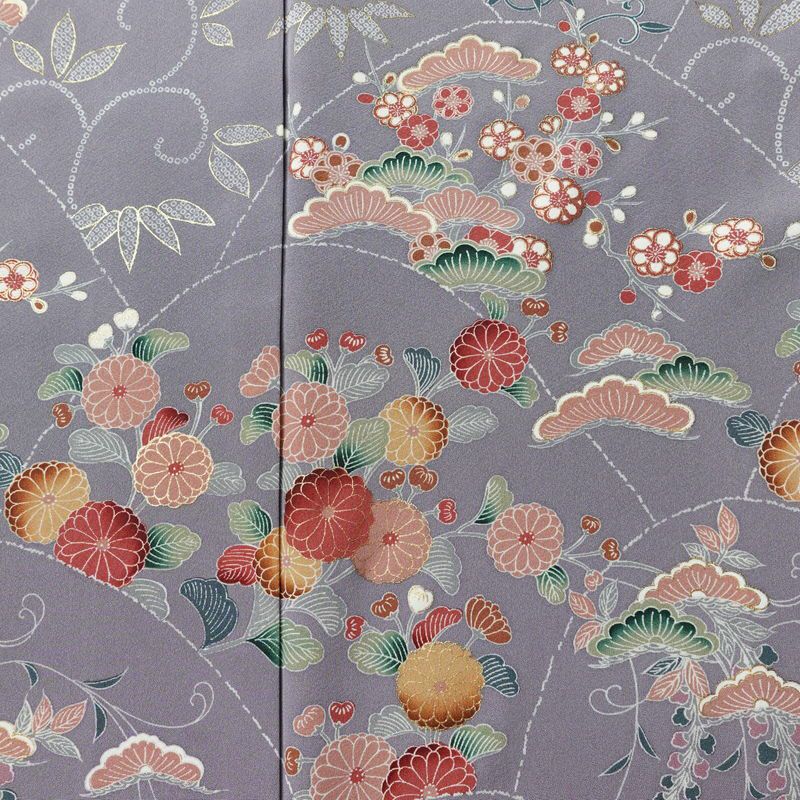 訪問着 良品 しつけ糸付き 正絹 木の葉・植物柄 袷仕立て 身丈165.5cm 裄丈66.5cm 共八掛 金彩 フォーマル 着物 紫・藤色_画像6