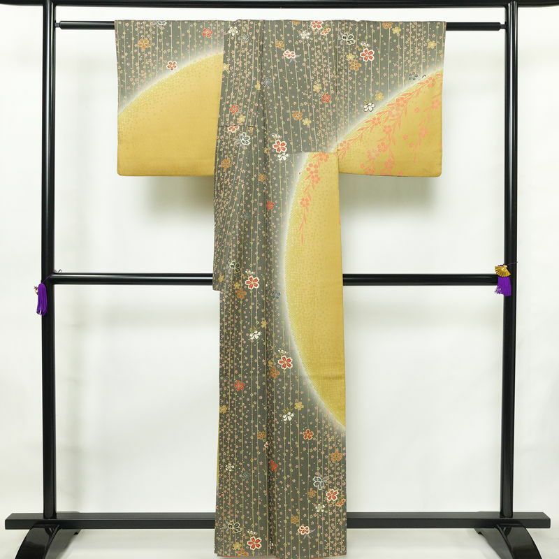 訪問着 良品 正絹 花柄 袷仕立て 身丈159.5cm 裄丈64cm 箔 金彩 フォーマル 着物 黄・黄土色_画像2