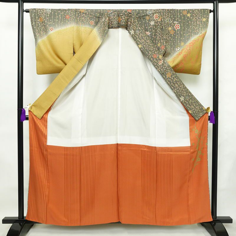訪問着 良品 正絹 花柄 袷仕立て 身丈159.5cm 裄丈64cm 箔 金彩 フォーマル 着物 黄・黄土色_画像3