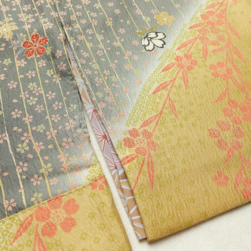 訪問着 良品 正絹 花柄 袷仕立て 身丈159.5cm 裄丈64cm 箔 金彩 フォーマル 着物 黄・黄土色_画像14