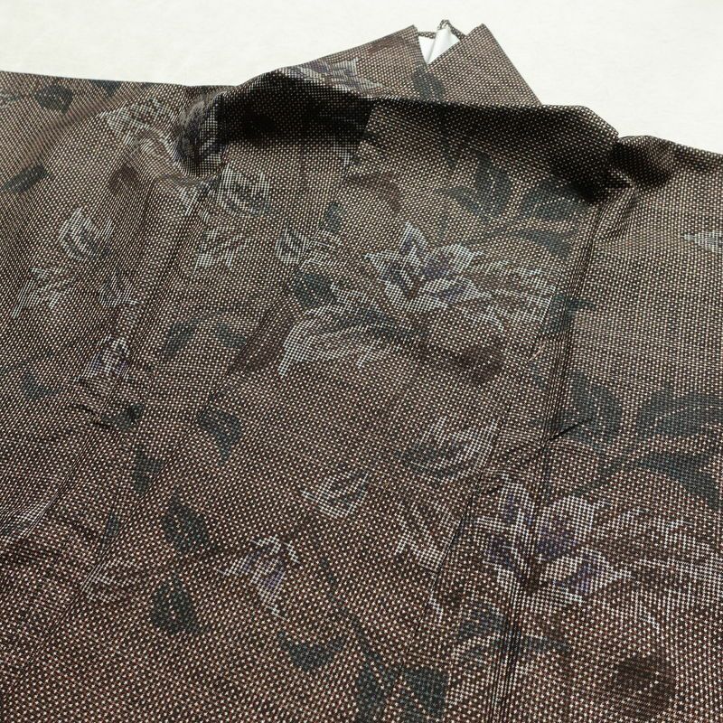 大島紬 良品 純泥染 証紙あり 正絹 木の葉・植物柄 袷仕立て 身丈159.5cm 裄丈63cm 着物 茶_画像14