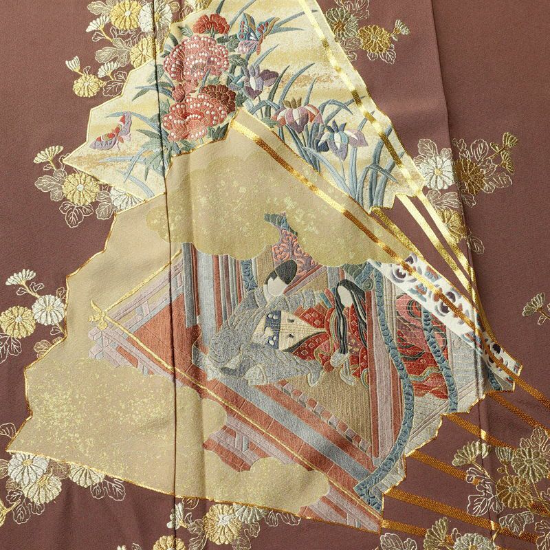 色留袖 美品 金駒刺繍 一つ紋付き 正絹 人物・動物柄 袷仕立て 身丈158cm 裄丈65cm 箔 刺繍 一部しつけ糸付き 金糸 フォーマル 扇子 着物 茶_画像6