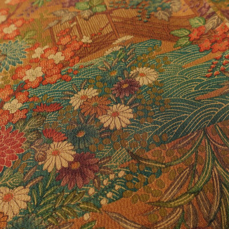 小紋 縮緬 総柄 正絹 花柄 袷仕立て 身丈162.5cm 裄丈66.5cm 一部しつけ糸付き 着物 茶_画像7