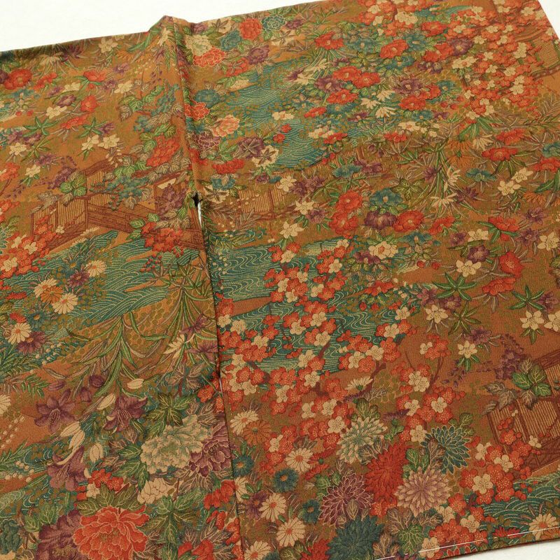 小紋 縮緬 総柄 正絹 花柄 袷仕立て 身丈162.5cm 裄丈66.5cm 一部しつけ糸付き 着物 茶_画像13