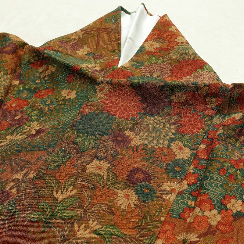小紋 縮緬 総柄 正絹 花柄 袷仕立て 身丈162.5cm 裄丈66.5cm 一部しつけ糸付き 着物 茶_画像17
