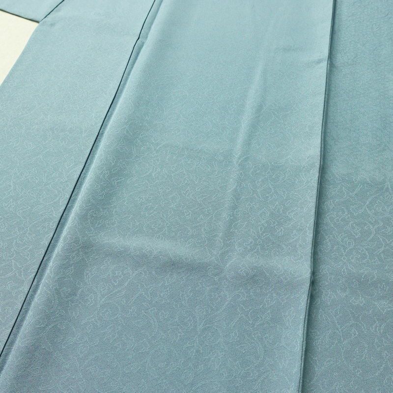 色無地 美品 しつけ糸付き 縮緬 一つ紋付き 正絹 木の葉・植物柄 袷仕立て 身丈158.5cm 裄丈65.5cm 共八掛 フォーマル 着物 青・紺_画像5