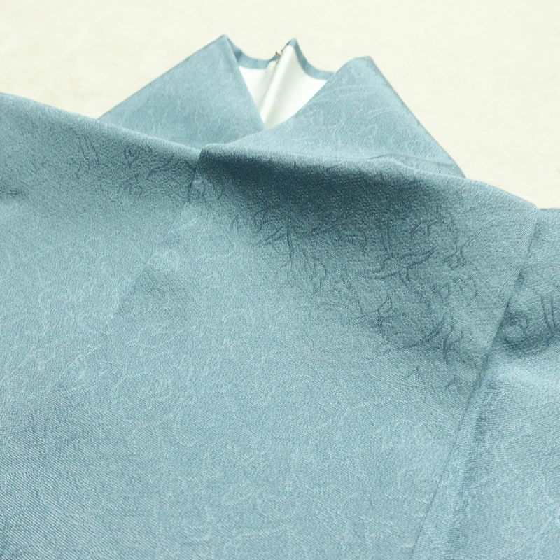 色無地 美品 しつけ糸付き 縮緬 一つ紋付き 正絹 木の葉・植物柄 袷仕立て 身丈158.5cm 裄丈65.5cm 共八掛 フォーマル 着物 青・紺_画像17