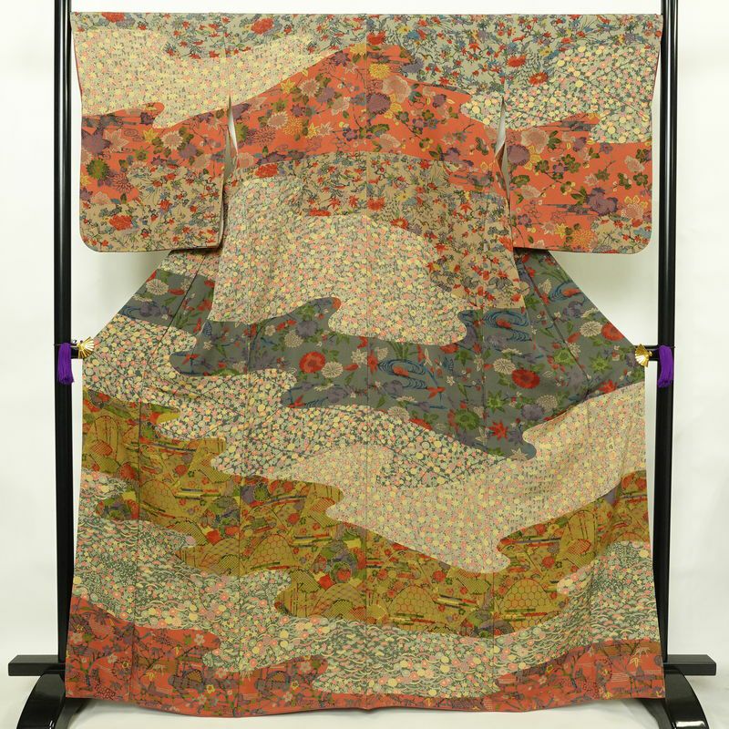 訪問着 良品 三橋観雪 落款入り 縮緬 正絹 木の葉・植物柄 袷仕立て 身丈165cm 裄丈68.5cm フォーマル 着物 多色使い_画像1