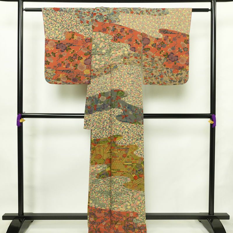 訪問着 良品 三橋観雪 落款入り 縮緬 正絹 木の葉・植物柄 袷仕立て 身丈165cm 裄丈68.5cm フォーマル 着物 多色使い_画像2